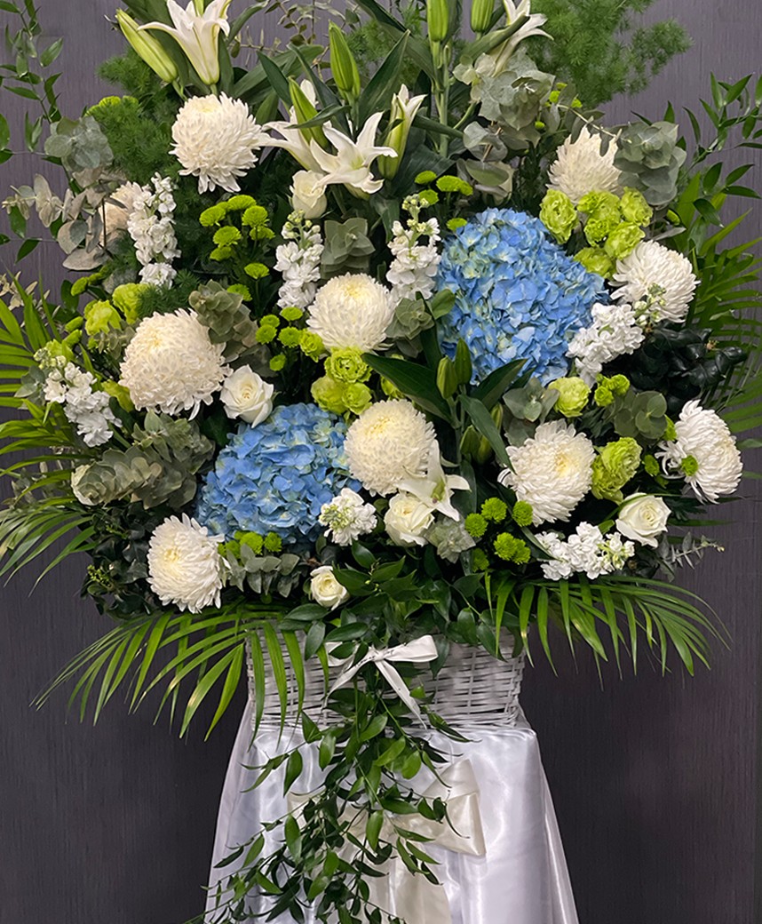 Classic White and Blue Condolences Floral Stand